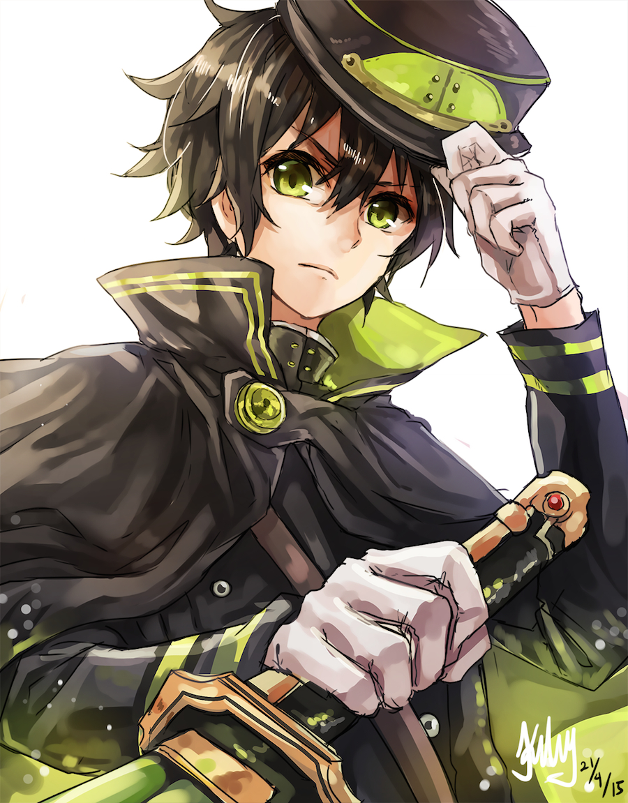 black_hair, gloves, green_eyes, hand_on_hat, hat, holding_weapon, hyakuya_yuuichirou, light_background, male, owari_no_seraph, pixiv_id_8620868, png_conversion, short_hair, simple_background, solo, weapon, white_background, white_gloves, white_handwear