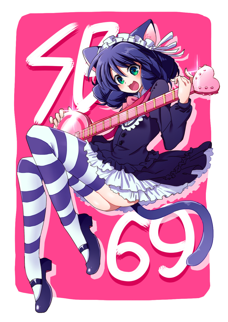 animal_ears, bent_knees, cat_ears, cat_tail, cyan_(show_by_rock!!), female, guitar, headdress