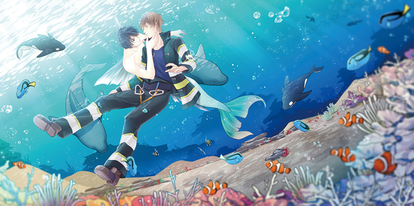 2:1_aspect_ratio, 2boys, animal, black_hair, brown_hair, duo, firefighter_outfit, fish, free!, full_body, holding_close, looking_at_another, male, mermaid, monster_girl, multiple_boys, nanase_haruka_(free!), pixiv_id_92462, short_hair, tachibana_makoto, underwater, water