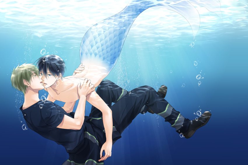 2boys, 3:2_aspect_ratio, black_hair, brown_hair, duo, firefighter_outfit, free!, incipient_kiss