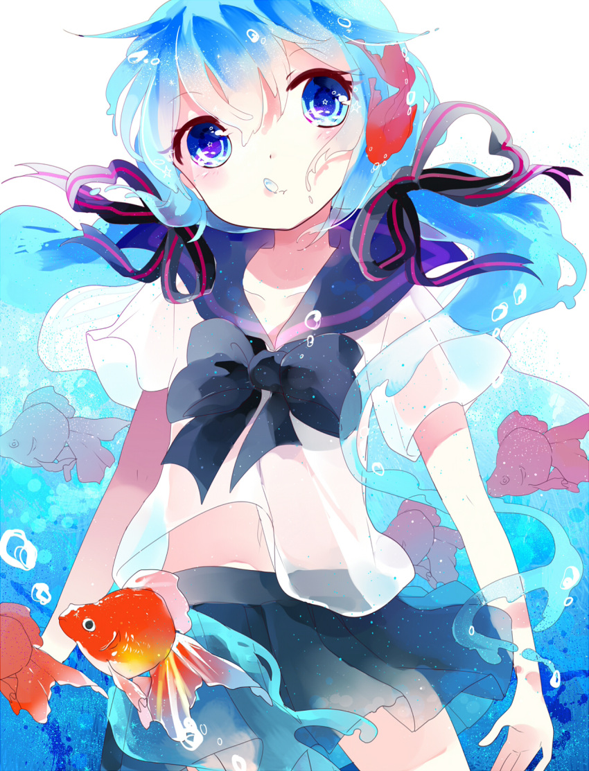 animal, black_bow, black_neckwear, black_skirt, blue_eyes, blue_hair, bottle_design, bow