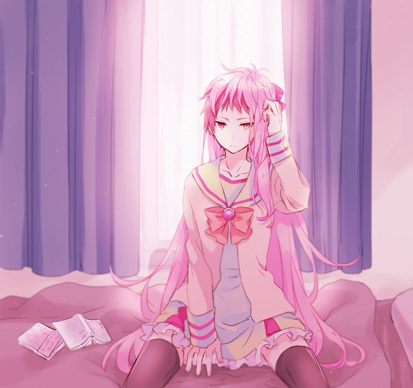 akashi_seijuurou, black_legwear, book, crossdressinging, genderswap, kuroko_no_basket, male, pink_eyes, pink_hair, school_uniform, short_hair, solo, uniform, wig, yuuma