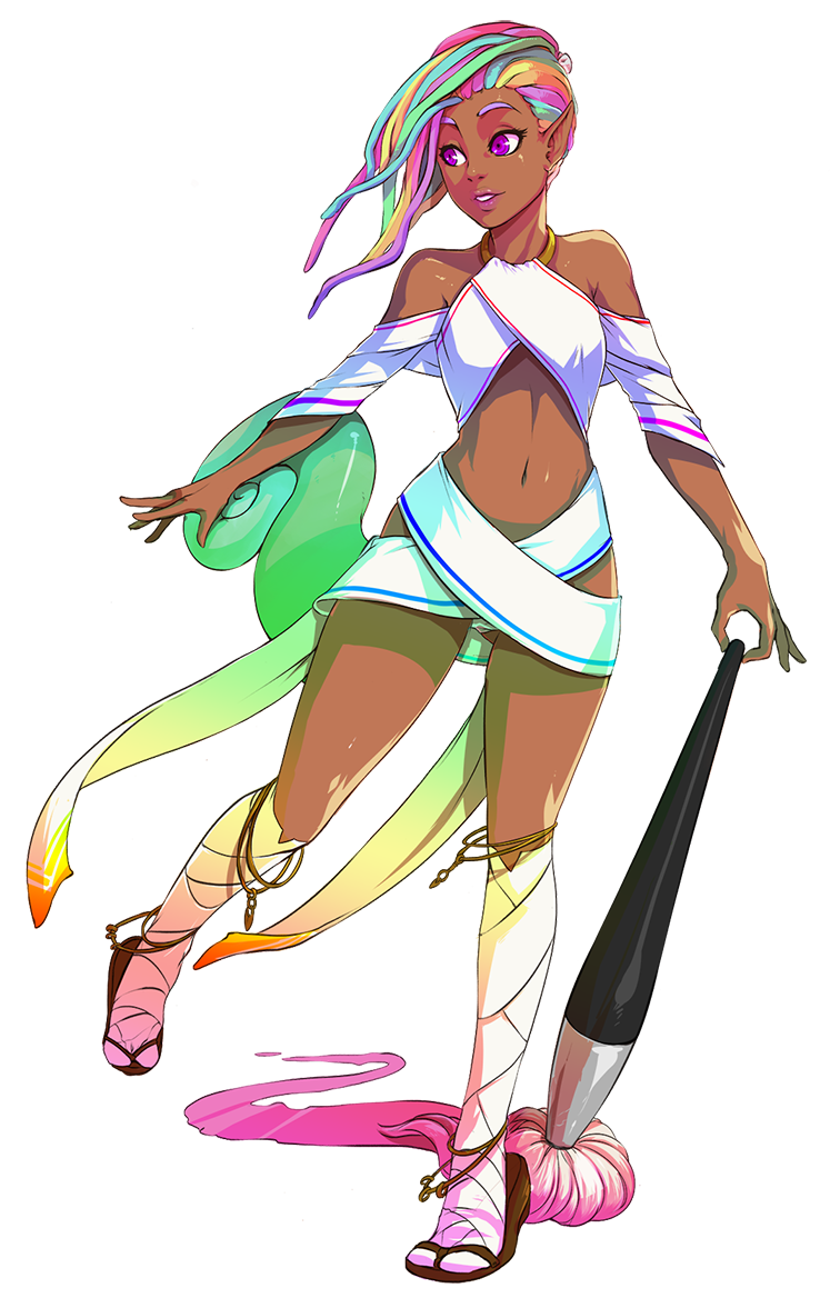1girl, bare_shoulders, cami, chameleon_girl, d-rex, dark_skin, dreadlock, holding_brush, lizard_tail, long_hair, looking_away, midriff, multicolored_clothes, multicolored_hair, navel, outstretched_arms, paintbrush, pointed_ears, rainbow_hair, sandals, smile, solo, spread_arms, standing, standing_on_one_leg, tanned, transparent_background, violet_eyes