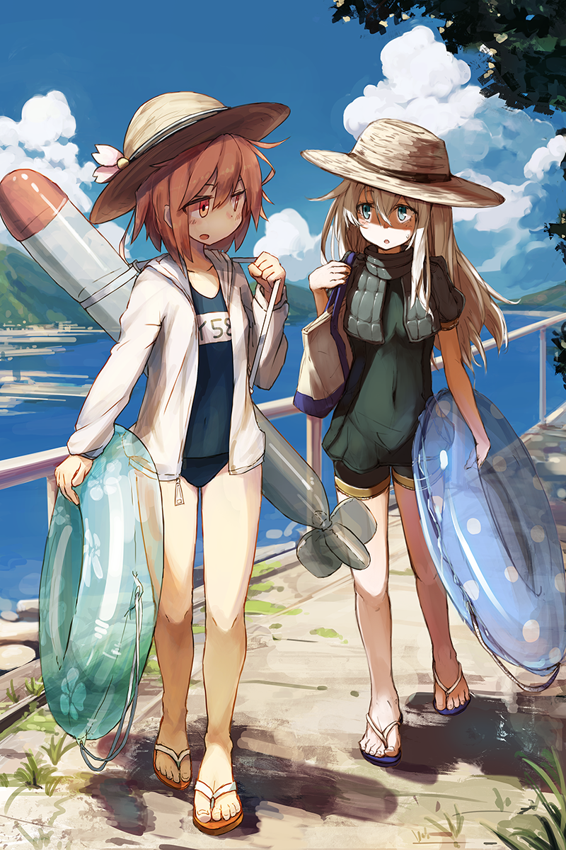 adapted_costume, amoranorem, beize_(garbage), blonde_hair, blue_eyes, collaboration, garrison_cap, hair_ornament, hat, highres, i-58_(kantai_collection), innertube, kantai_collection, long_hair, military, military_uniform, pink_hair, school_swimsuit, short_hair, swimsuit, swimsuit_under_clothes, torpedo, u-511_(kantai_collection), uniform