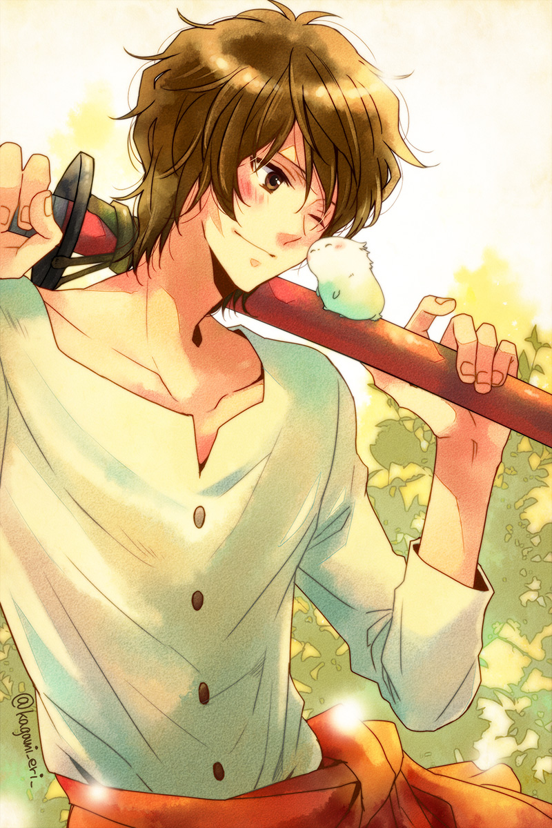 1boy, bakemono_no_ko, brown_eyes, brown_hair, cheek_kiss, chiko_(bakemono_no_ko), highres, kiss