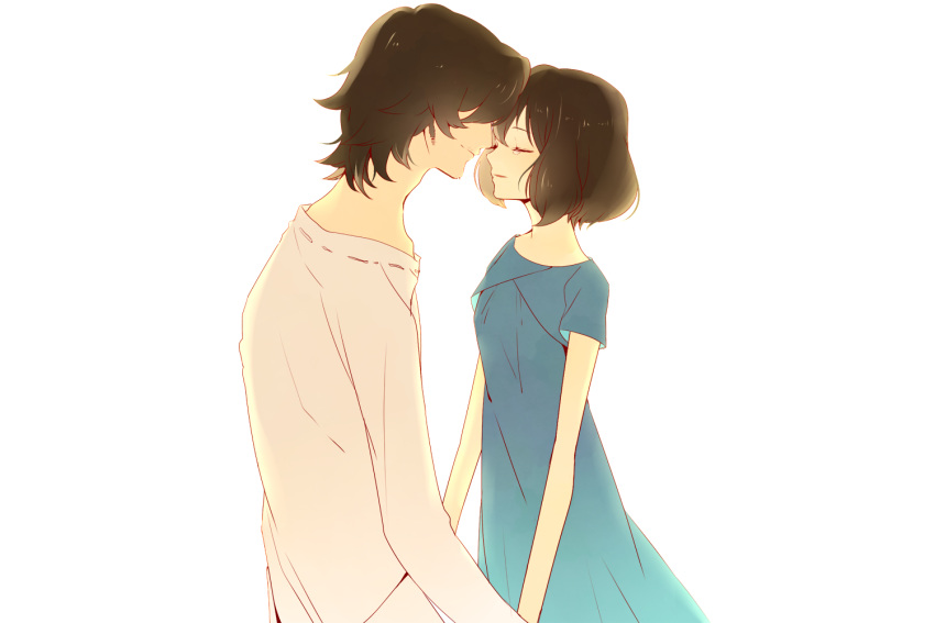 1boy, 1girl, brown_hair, closed_eyes, couple, hana_(ookami_kodomo), hetero, husband_and_wife
