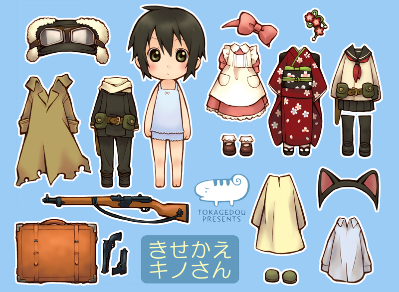 androgynous, animal_ears, ari-ko, bad_id, barefoot, black_hair, bow, cat_ears, chibi, coat, dress, dress-up, gakuen_kino, goggles, gun, hair_bow, handgun, hat, japanese_clothes, kino, kino_no_tabi, kisekae, lingerie, paper_doll, pistol, reverse_trap, rifle, school_uniform, serafuku, shirt, short_hair, solo, suitcase, thighhighs, underwear, weapon