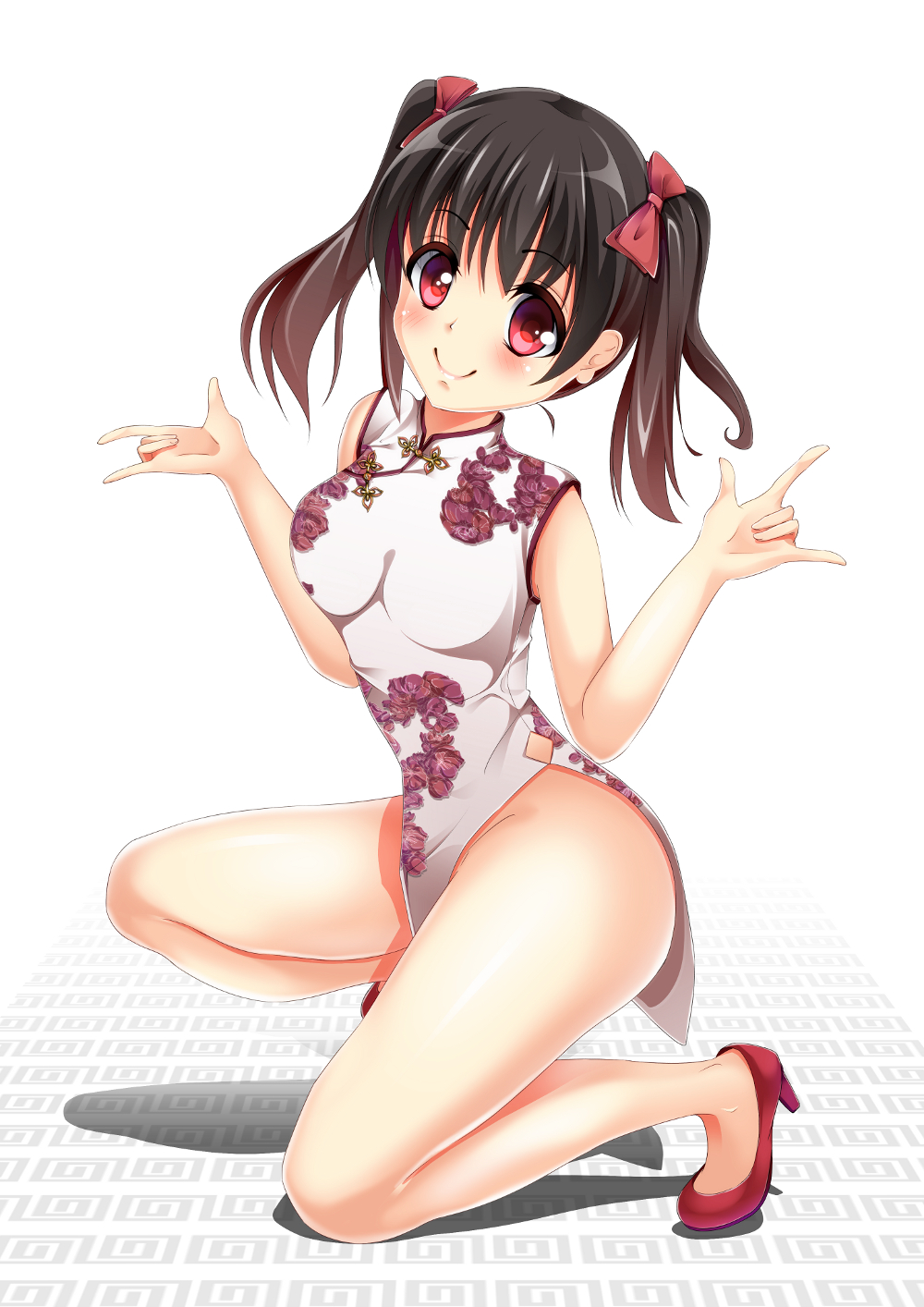 black_hair, china_dress, chinese_clothes, dress, female, high_resolution, light_background, looking_at_viewer, love_live!_school_idol_project, pixiv_id_2973809, png_conversion, red_eyes, short_twin_tails, simple_background, smile, solo, traditional_clothes, twintails, white_background, yazawa_nico