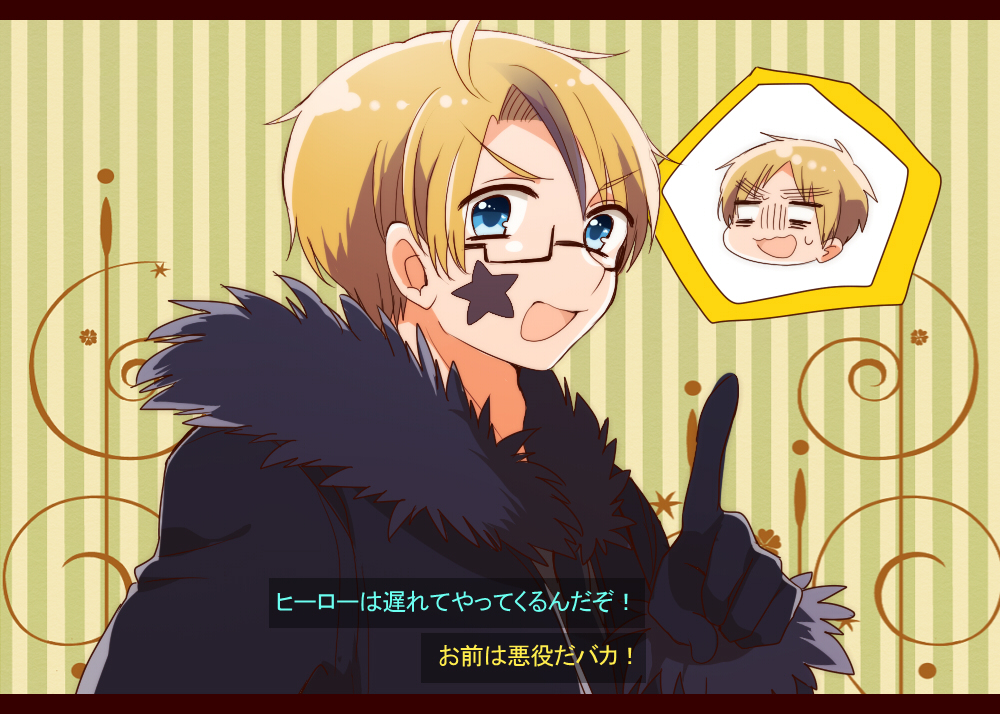 ahoge, allied_forces_(hetalia), america_(hetalia), blonde, blue_eyes, gloves, hetalia:_axis_powers, hetalia_axis_powers, heterochromia, japan_(hetalia)ese_text, male, pixiv_id_3004501, short_hair, star_(symbol), striped, striped_background, text, united_kingdom_(hetalia)