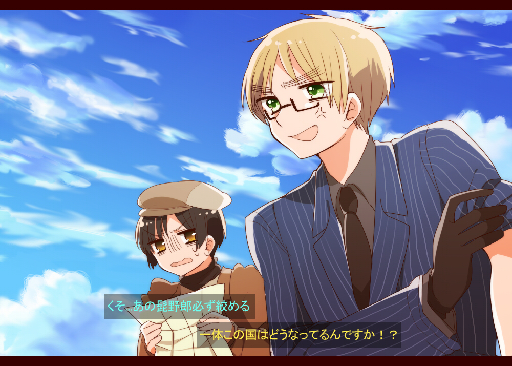 2boys, allied_forces_(hetalia), asian_countries_(hetalia), axis_power_countries_(hetalia), blonde, cloudy_sky, duo, glasses