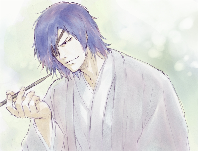 closed_mouth, date_masamune_(sengoku_basara), eyepatch, holding_object, light_background, looking_at_viewer, male, one_eye_showing
