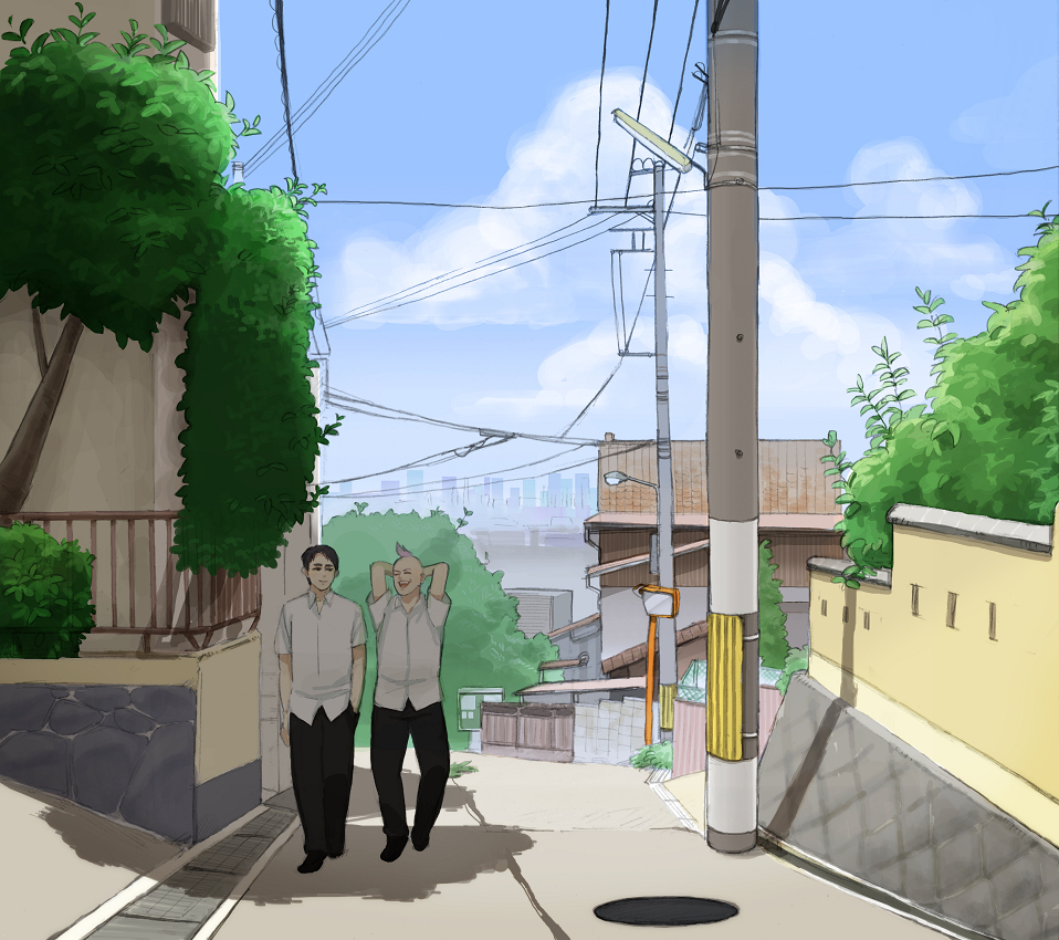 black_hair, hayashida_shinjirou, kamiyama_takashi, male, outdoors, road, sakigake!!_cromartie_koukou, short_hair