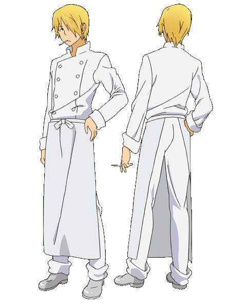 adachi_shingo, apron, back, blonde, buttons, chef_uniform, cigarette, closed_mouth