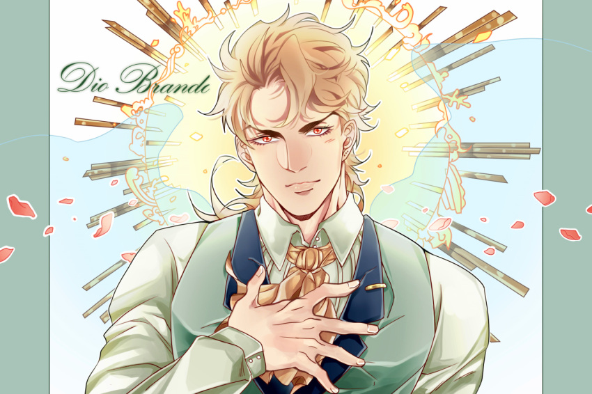 1boy, ascot, blonde_hair, dio_brando, hand_on_own_chest, jojo_no_kimyou_na_bouken, knife, mealeston, red_eyes, solo, vest, waistcoat
