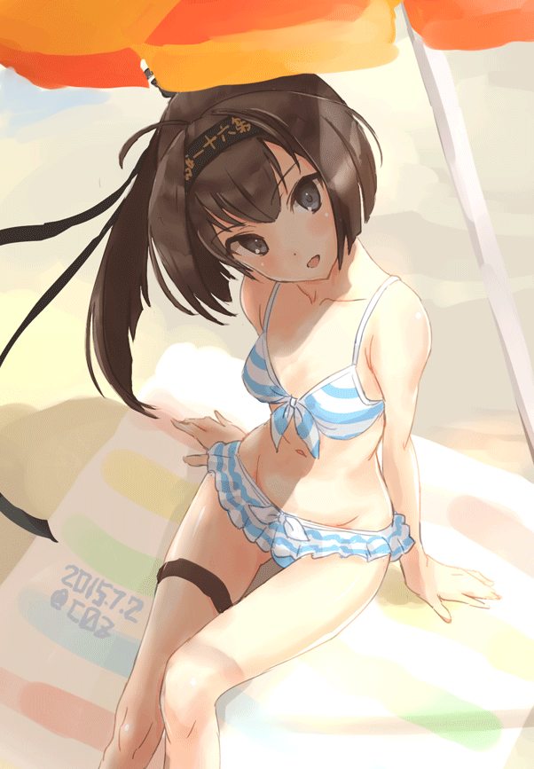1girl, akizuki_(kantai_collection), beach_umbrella, bikini, bikini_skirt, black_eyes, brown_hair, cb