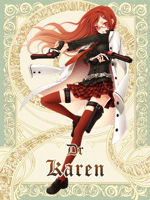 doctor, glasses, gun, hair_clip, holsters, lab_coat, redhead, silver_rain