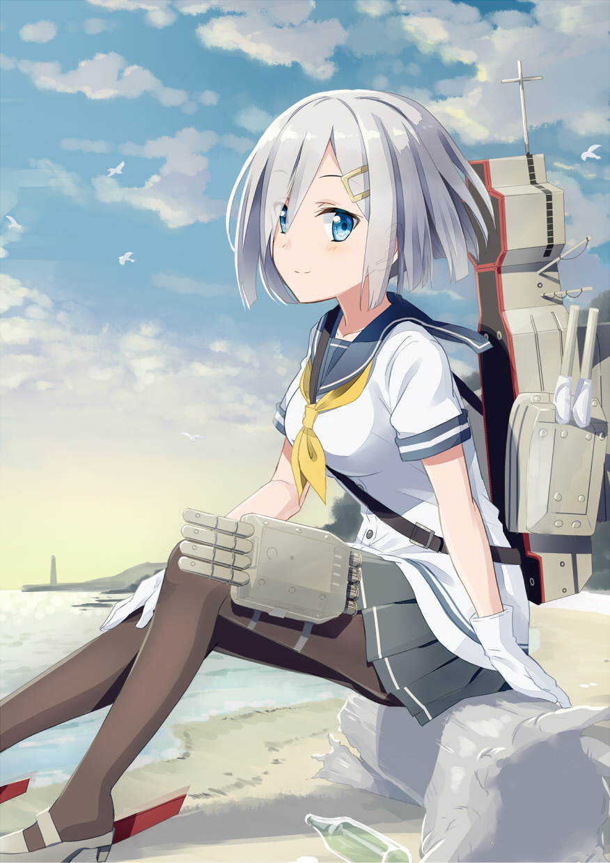 1girl, beach, bird, black_legwear, blue_eyes, blush, bottle, breasts, clouds, gloves, gochou_(atemonai_heya), hair_ornament, hair_over_one_eye, hairclip, hamakaze_(kantai_collection), highres, kantai_collection, looking_at_viewer, pantyhose, school_uniform, serafuku, short_hair, silver_hair, sitting, skirt, skky, smile, solo, white_gloves