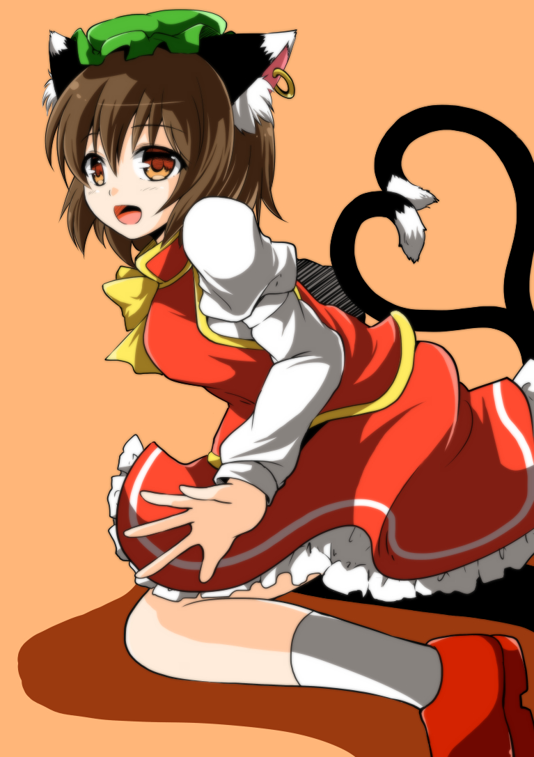 1girl, animal_ears, bow, brown_eyes, brown_hair, cat_ears, cat_tail, chen