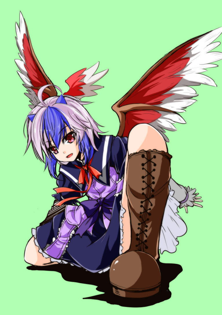 1girl, ahoge, bird_wings, blue_hair, boots, capelet, cross-laced_footwear, foreshortening