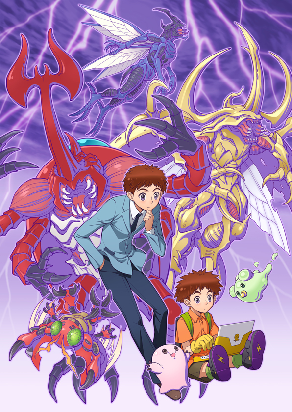 brown_gloves, brown_hair, computer, digimon, digimon_adventure, eclosion, gloves, hand_in_pocket