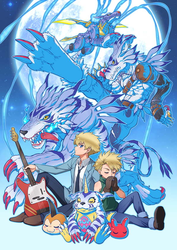 2boys, :3, blonde_hair, blue_eyes, boots, digimon, digimon_adventure, eclosion, fangs, gabumon, garurumon, gloves, guitar, horns, instrument, ishida_yamato, metalgarurumon, moon, multiple_boys, multiple_persona, necktie, night, pants, punimon, school_uniform, short_hair, sleeping, smile, tunomon, weregarurumon, wings