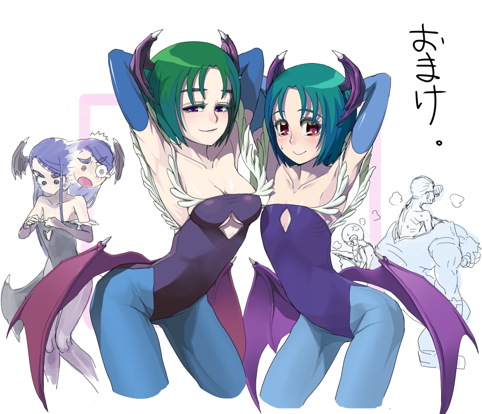 11_(?-pon3rd), akimoto_komachi, akimoto_madoka, armpits, arms_behind_head, arms_up, blush, breast_envy, capcom, cosplay, demon_girl, demon_wings, elbow_gloves, embarrassed, flat_chest, gloves, head_wings, headwings, kasugano_urara, lilith_aensland, lilith_aensland_(cosplay), minazuki_karen, morrigan_aensland, morrigan_aensland_(cosplay), pantyhose, precure, pretty_cure, sakamoto-san_(precure_5), siblings, sisters, vampire_(game), wings, yes!_precure_5, yes!_pretty_cure_5