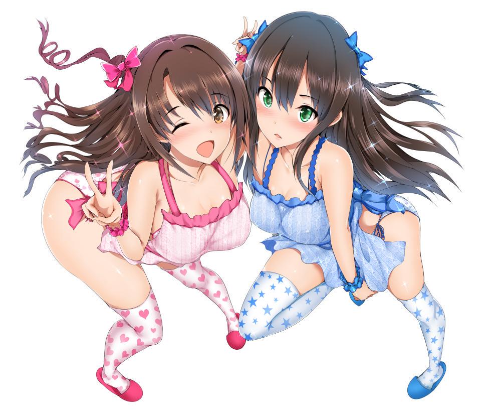 2girls, breasts, brown_eyes, brown_hair, green_eyes, idolmaster, idolmaster_cinderella_girls, long_hair