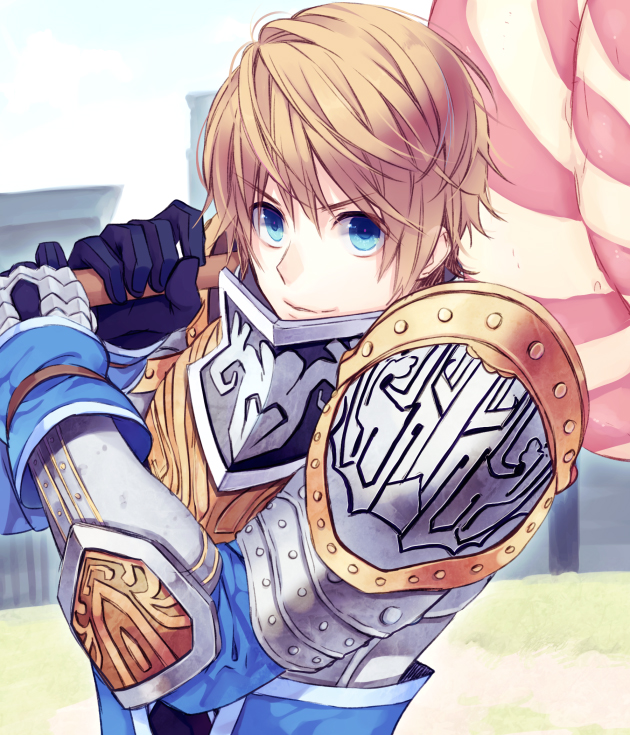 1boy, armor, blue_eyes, brown_hair, candy, gloves, shin_sangoku_musou, solo