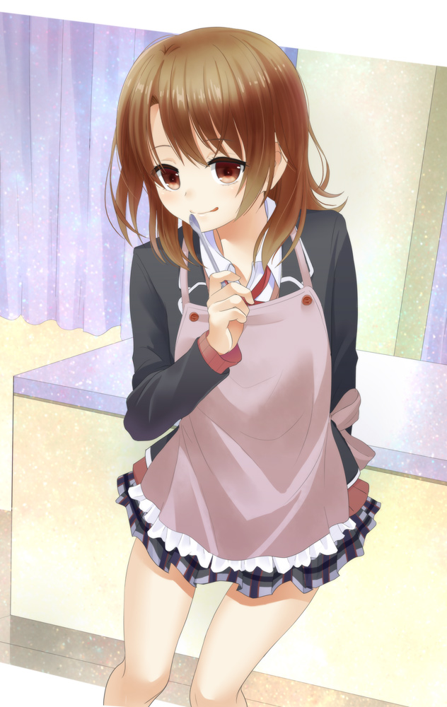 1girl, apron, blazer, brown_eyes, brown_hair, isshiki_iroha, school_uniform, shitou_(4h)