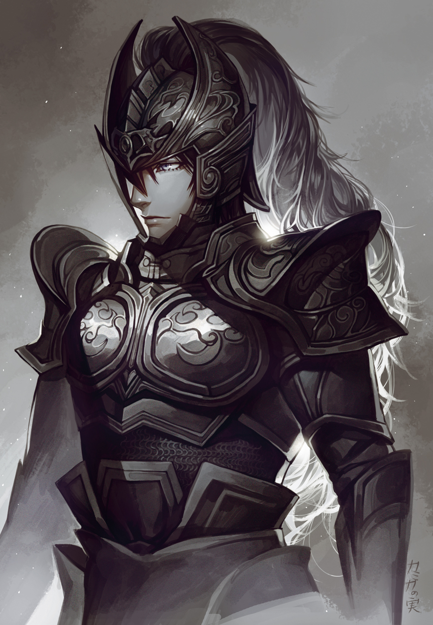1boy, armor, black_hair, blue_eyes, helmet, highres, kamikanomi, monochrome, shin_sangoku_musou, solo, wen_yang