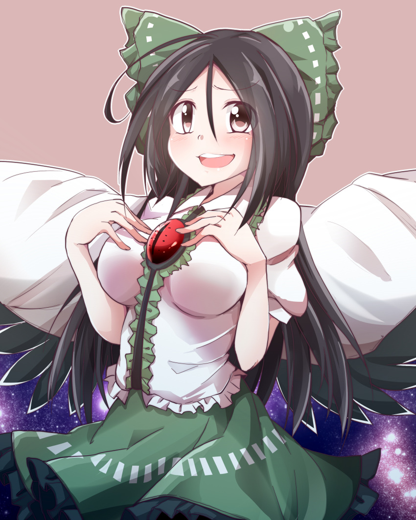 1girl, absurdres, bird_wings, black_hair, black_wings, bow, breasts, brown_eyes