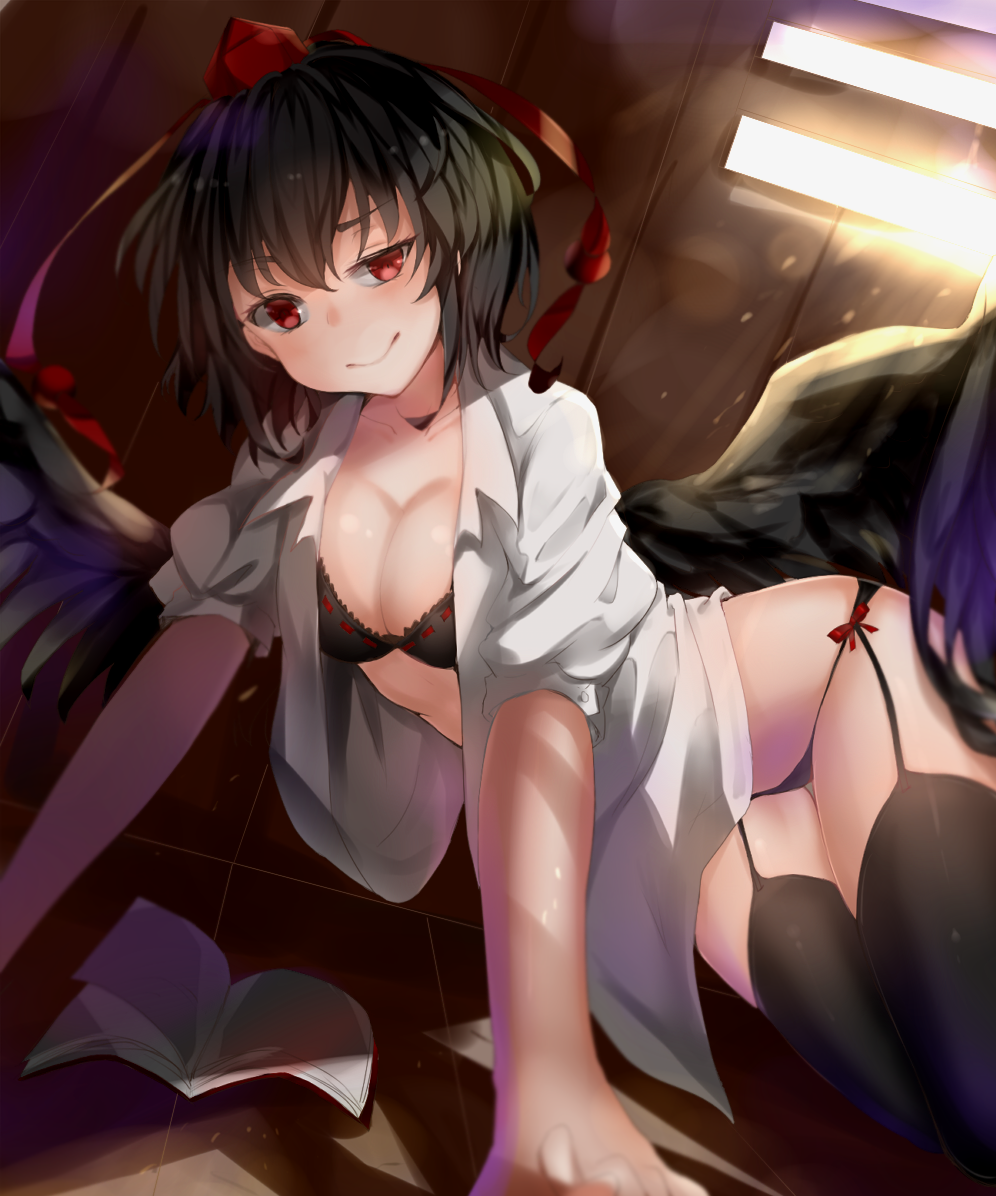 1girl, black_bra, black_hair, black_legwear, black_panties, black_wings, book, bra
