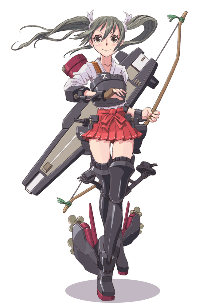 black_hair, bow_(weapon), brown_eyes, hair_ribbon, japanese_clothes, kantai_collection, kotentsu, long_hair, muneate, ribbon, smile, twintails, weapon, zuikaku_(kantai_collection)