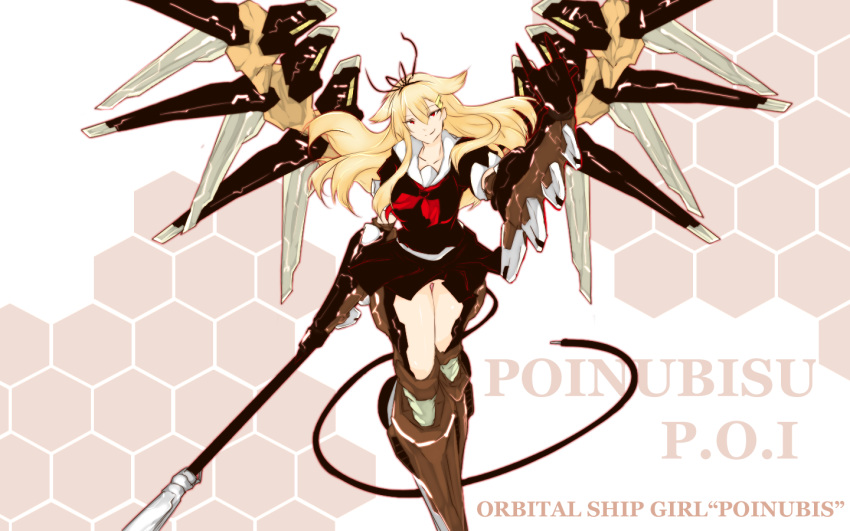 1girl, anubis_(z.o.e), blonde_hair, fusion, hair_flaps, hair_ribbon, hex_grid, kantai_collection