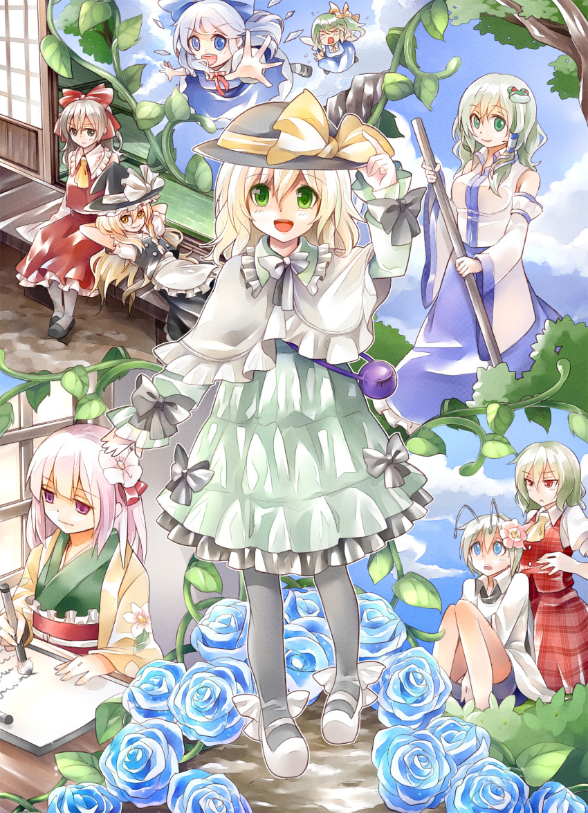 6+girls, antennae, black_legwear, blonde_hair, blue_eyes, blue_hair, bow, brown_eyes