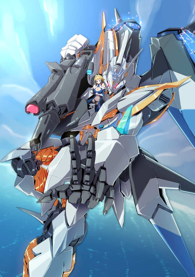 1girl, angelise_ikaruga_misurugi, bare_shoulders, black_panties, blonde_hair, breasts, cleavage, cross_ange, mecha, navel, open_clothes, panties, red_eyes, robot, sakura1129, science_fiction, short_hair, sky, solo, tagme, underwear, villkiss_(cross_ange), weapon