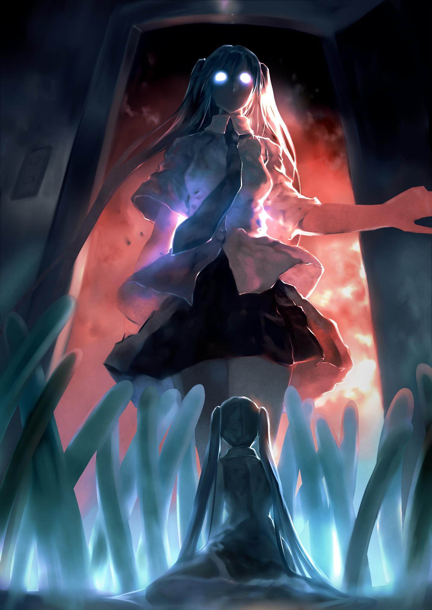 1girl, bob_(biyonbiyon), chibi, glowing, glowing_eyes, hatsune_miku, highres, long_hair