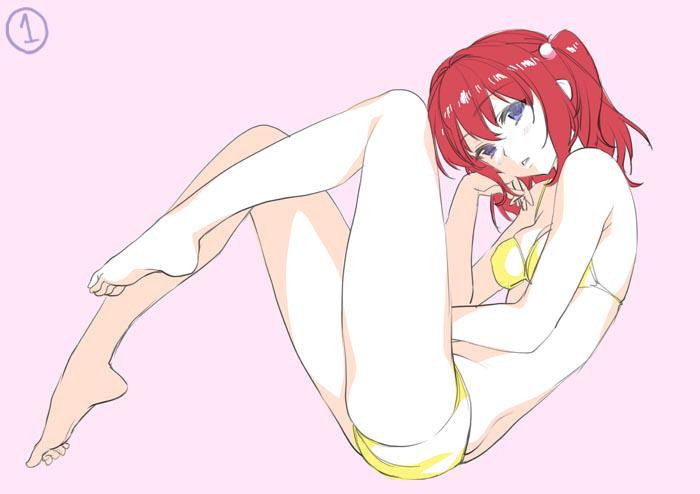 1girl, bikini, blue_eyes, musyasabu, original, redhead, short_hair, small_breasts