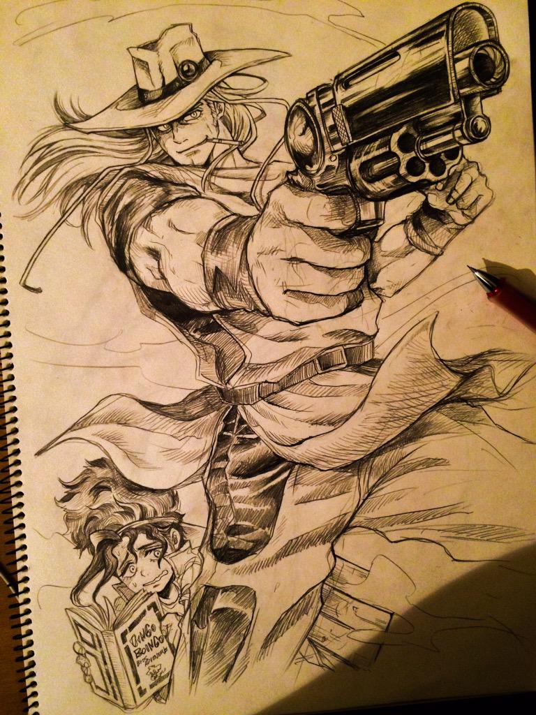 backwards_hat, boingo, book, cowboy_hat, cowboy_shot, crosshatching, emperor_(stand), graphite_(medium)