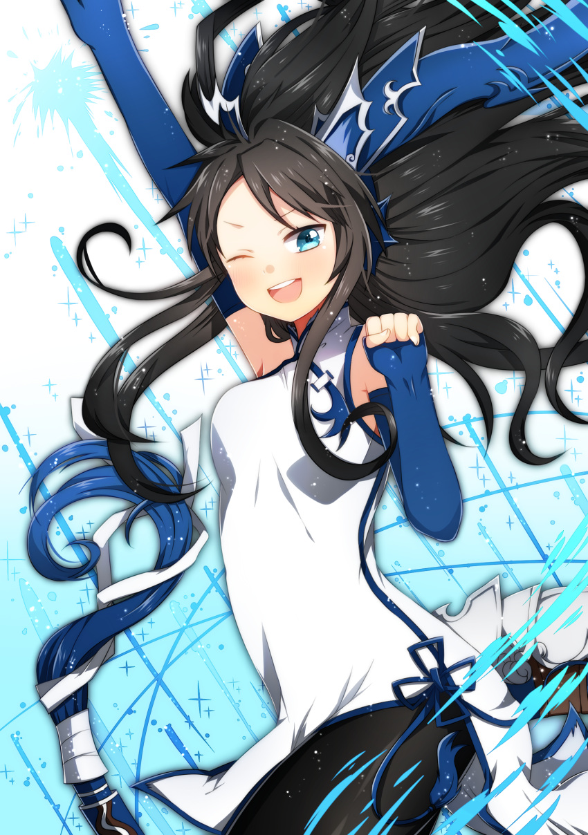 1girl, absurdres, akiranme, black_hair, blue_eyes, china_dress, chinese_clothes, dragon_girl, dragon_horns, dragon_tail, elbow_gloves, fingerless_gloves, gloves, head_fins, highres, horns, karin_(p&amp;d), long_hair, open_mouth, pantyhose, puzzle_&amp;_dragons, tail