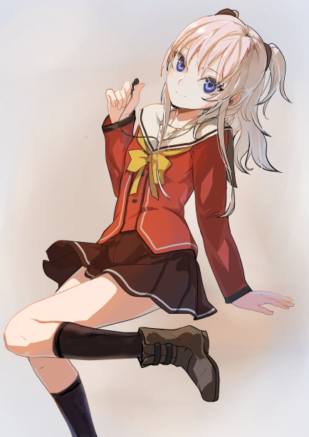 1girl, black_legwear, blue_eyes, boots, charlotte_(anime), earphones, earphones, long_hair