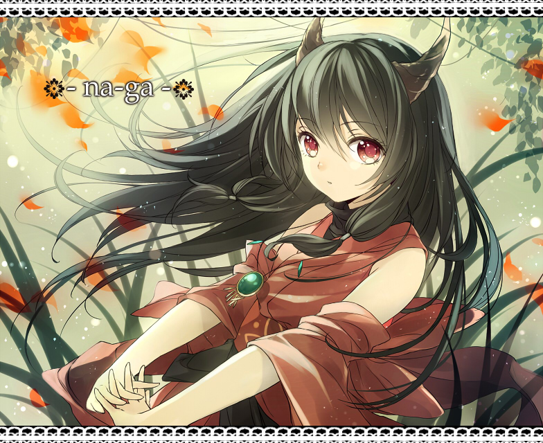 black_hair, border, hands_clasped, horns, jewelry, long_hair, looking_at_viewer, naga_(staygarden)