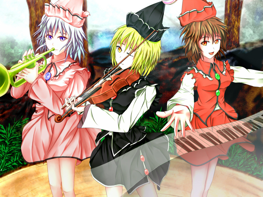 3girls, :d, black_skirt, blonde_hair, blue_hair, brown_hair, bush, commentary_request, crescent, frilled_collar, haru-kun, hat, highres, instrument, juliet_sleeves, keyboard_(instrument), long_sleeves, lunasa_prismriver, lyrica_prismriver, merlin_prismriver, multiple_girls, nature, one_eye_closed, open_mouth, orange_eyes, pink_skirt, playing_instrument, puffy_sleeves, red_skirt, shirt, short_hair, siblings, sisters, skirt, skirt_set, smile, touhou, tree, trumpet, vest, violet_eyes, violin, white_shirt, yellow_eyes