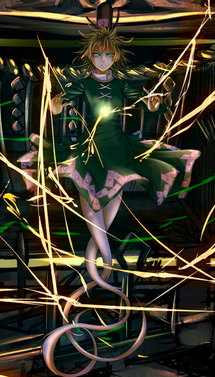 1girl, collar, dress, electricity, floating, frown, full_body, ghost_tail
