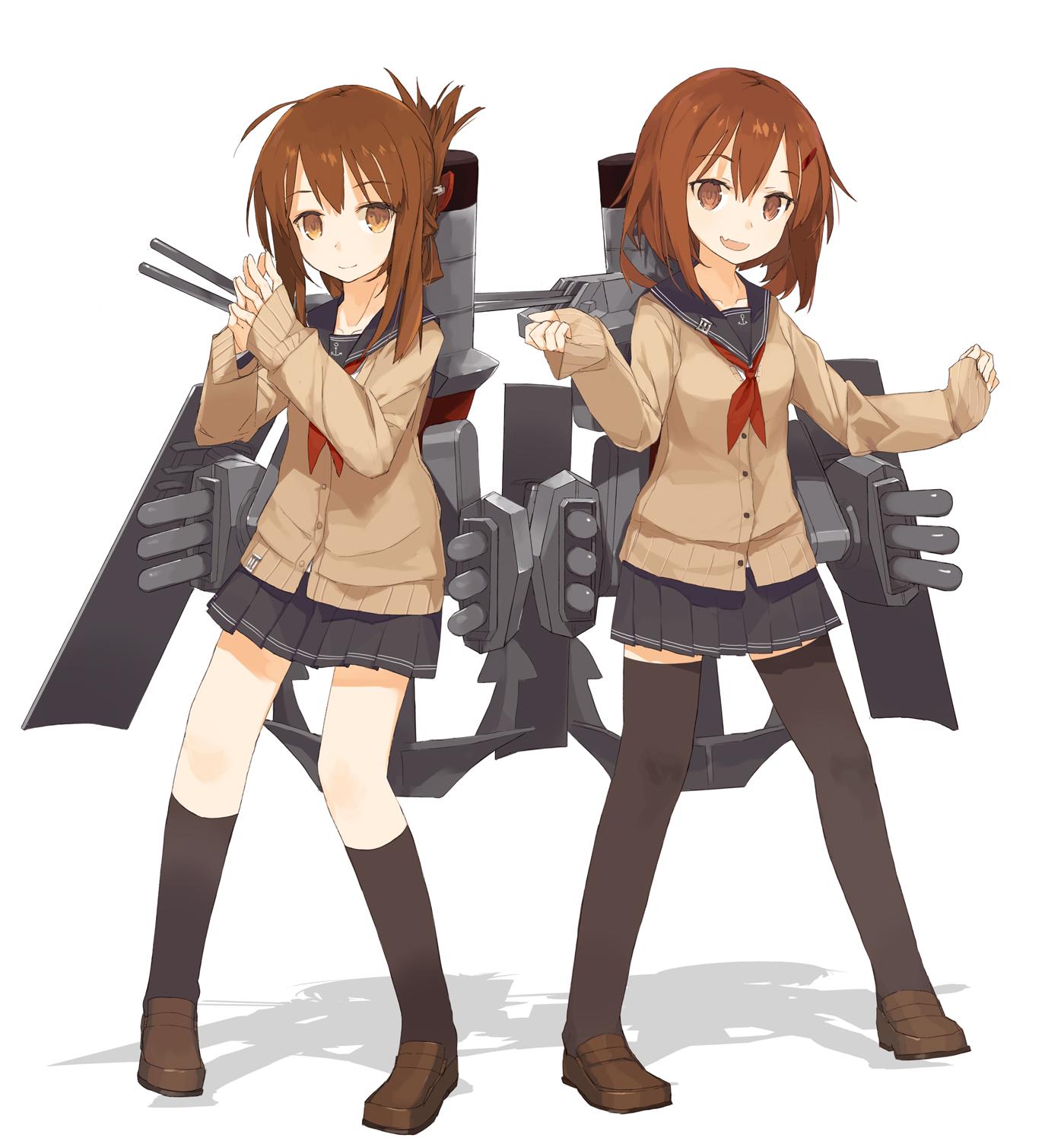 2girls, alternate_costume, anchor, anchor_symbol, brown_eyes, brown_hair, cardigan, commentary_request