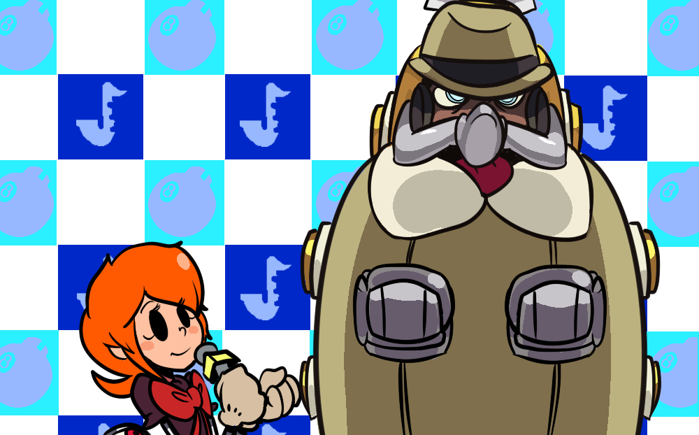 1boy, 1girl, big_band, blue_eyes, bow, captainkirb, cyborg, dress, extra_eyes, eye_socket, fedora, gloves, hat, mechanical_arms, microphone, minna_no_rhythm_tengoku, parody, peacock_(skullgirls), red_eyes, rhythm_tengoku, short_hair, skullgirls, smile, white_gloves