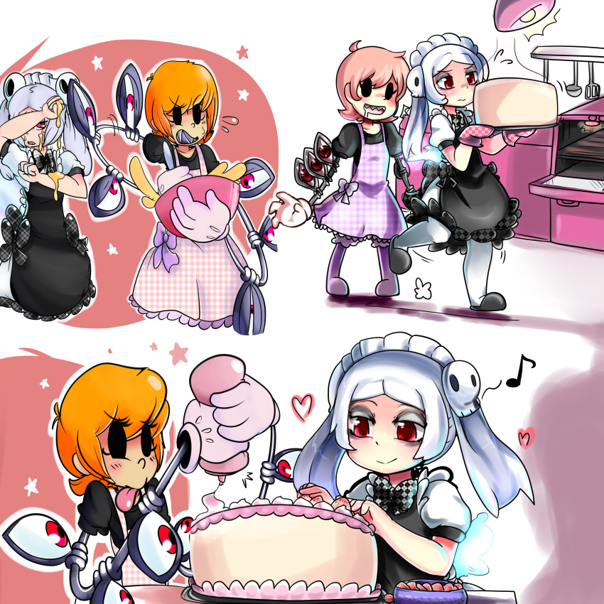 2girls, absurdres, apron, baking, bloody_marie_(skullgirls), blush, cake, captainkirb