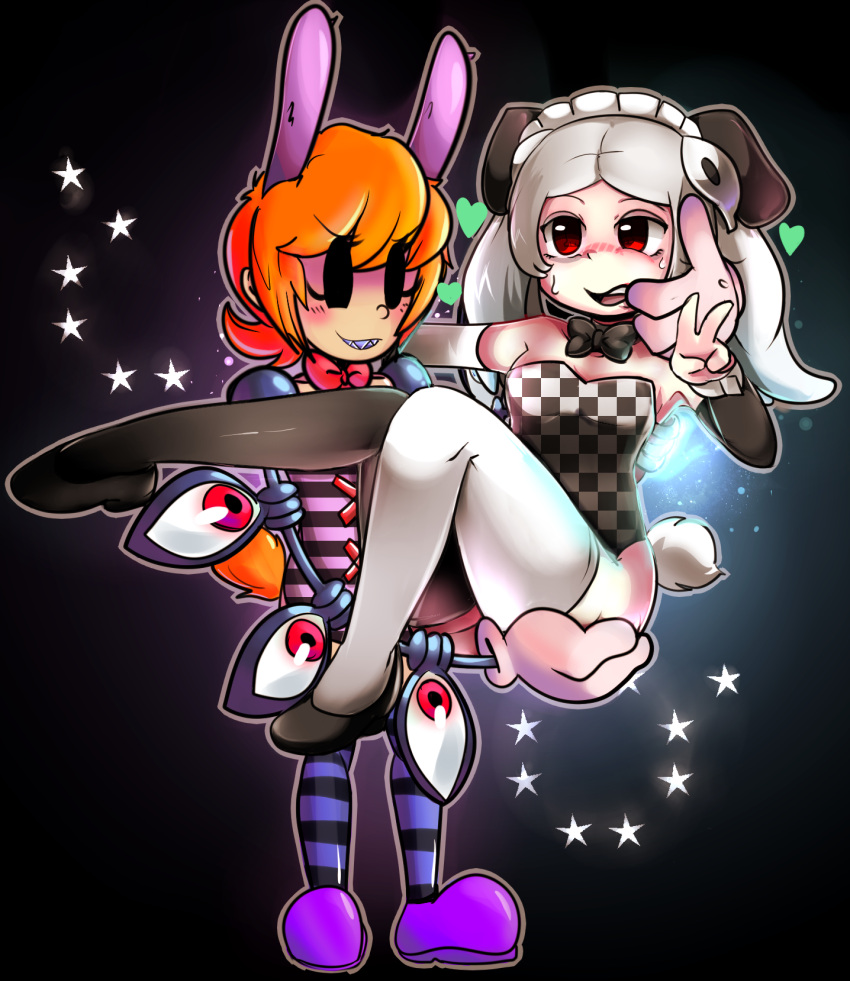2girls, animal_ears, arm_around_neck, black_background, bloody_marie_(skullgirls), blush, bow, bowtie