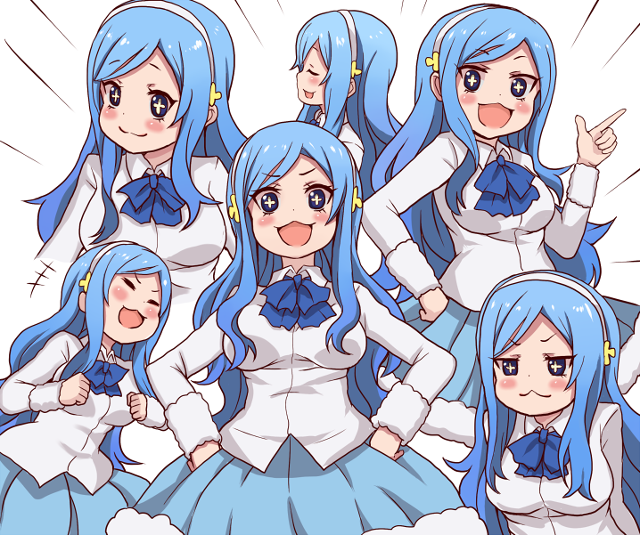 1girl, :3, blue_eyes, blue_hair, blush, hairband, himouto!_umaru-chan, looking_at_viewer, shirt, simple_background, skirt, solo, symbol-shaped_pupils, tachibana_sylphynford, white_background, yukinojou_yakan