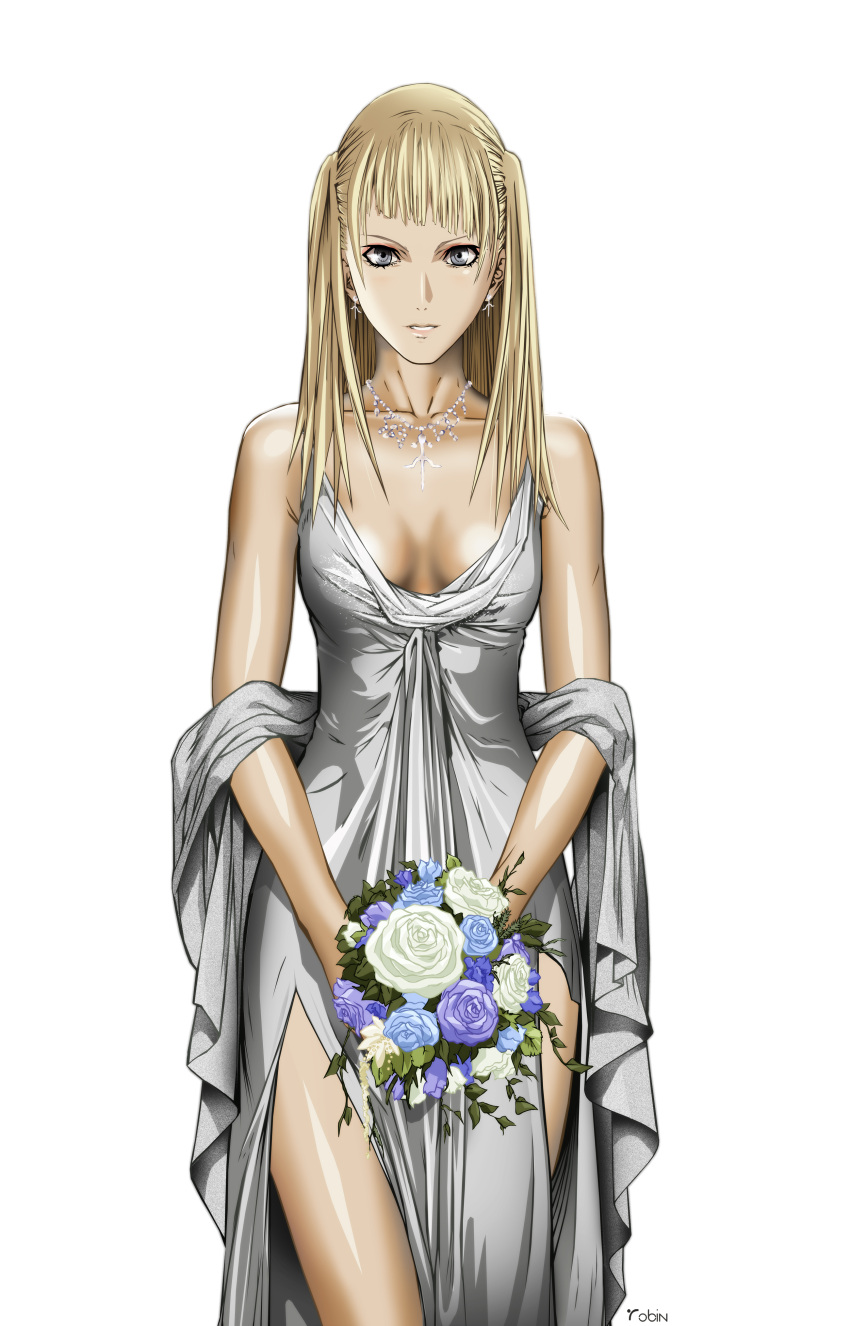 1girl, absurdres, blonde_hair, bouquet, breasts, claymore, cleavage, dietrich